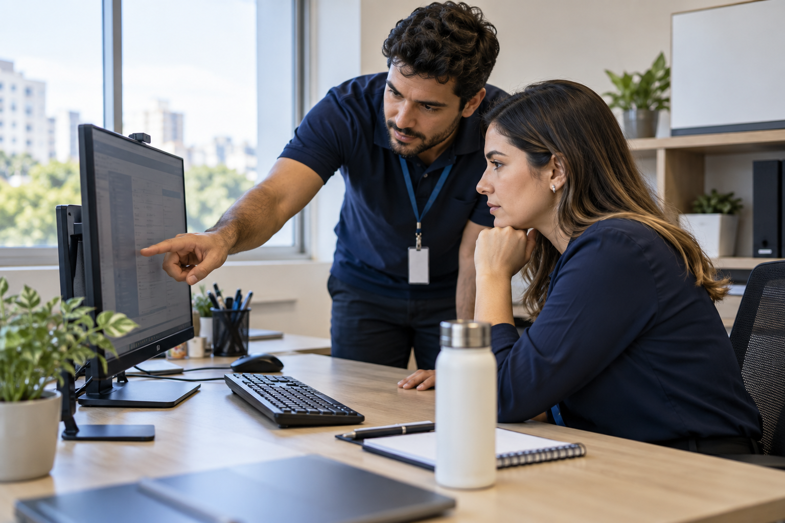Técnico orientando uma profissional no computador em um escritório