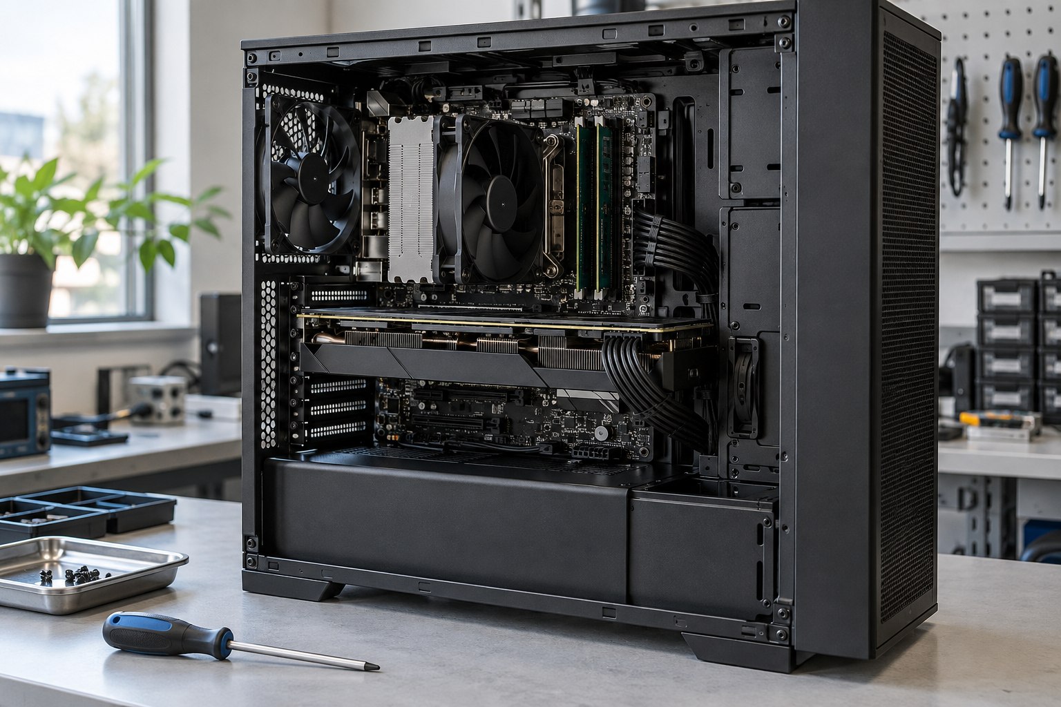 Componentes internos de uma workstation em uma bancada de manutenção