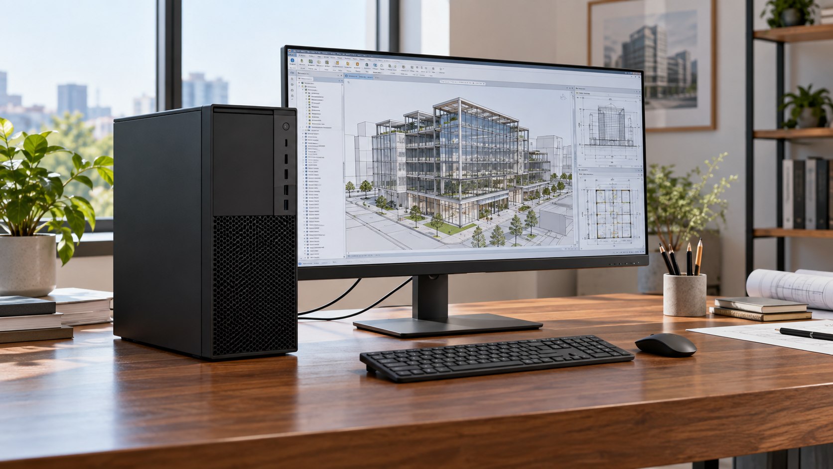 Workstation profissional com projeto de arquitetura no monitor