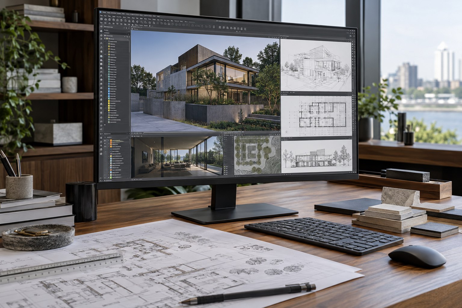 Monitor com projeto arquitetônico e plantas sobre a mesa