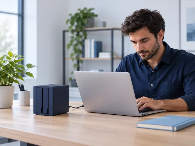 Equipamento de backup conectado a um notebook de trabalho