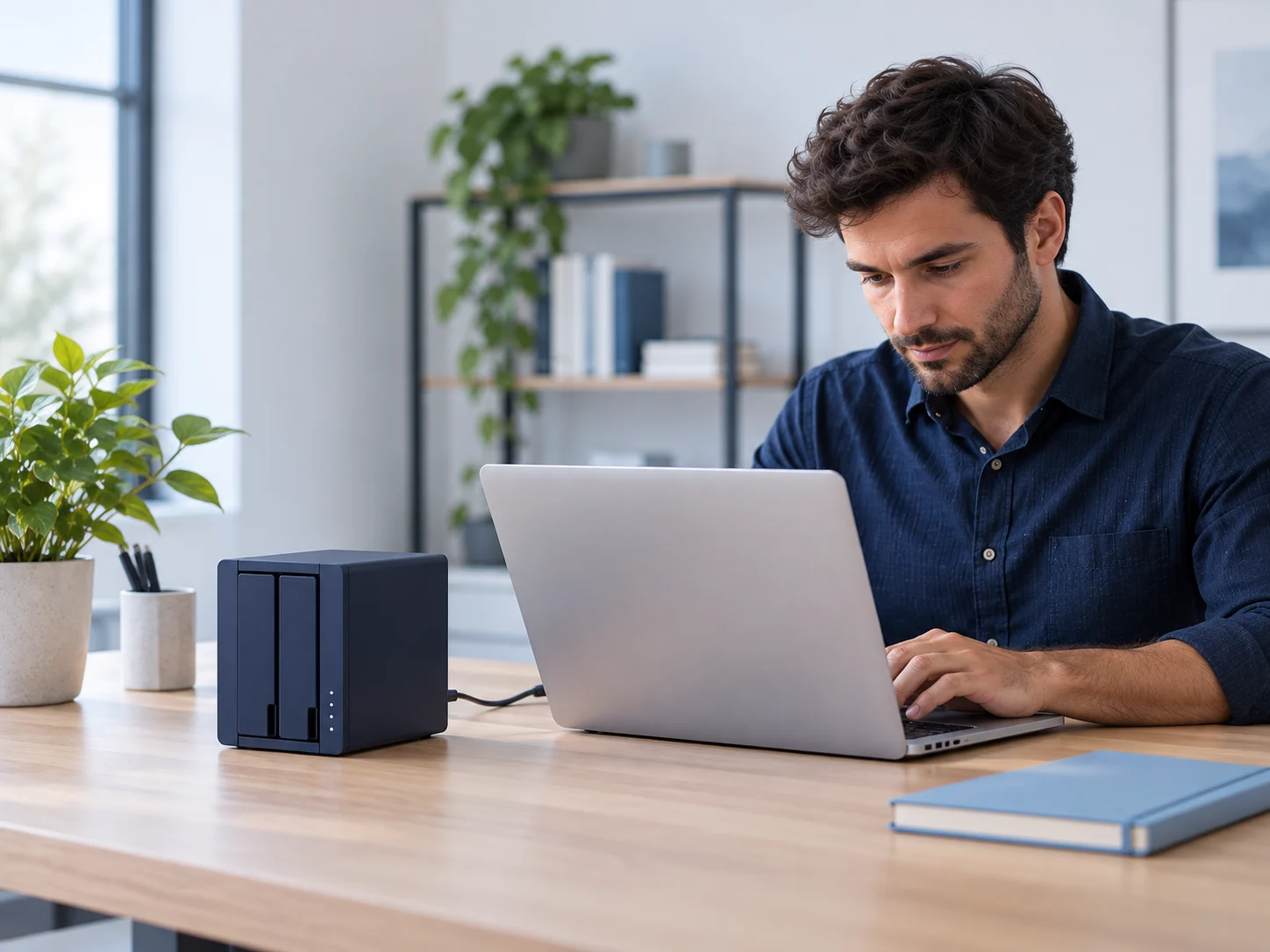 Equipamento de backup conectado a um notebook