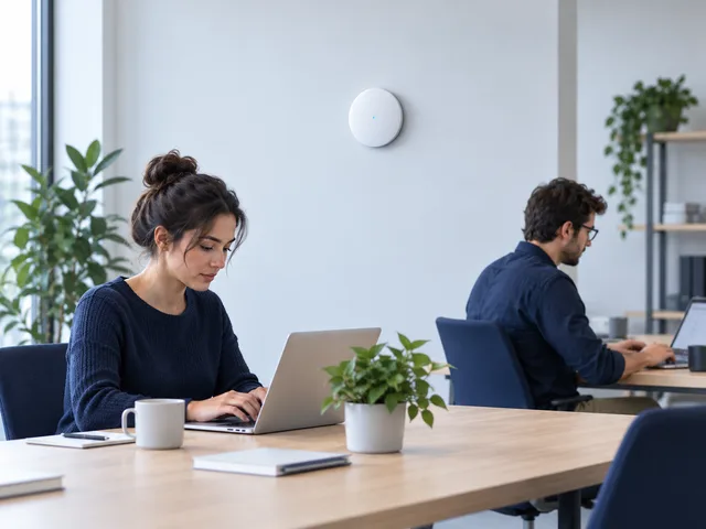 Equipe trabalhando em escritório com ponto de acesso Wi-Fi