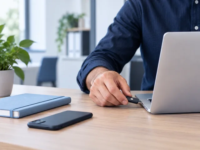 Chave de segurança física conectada a um notebook