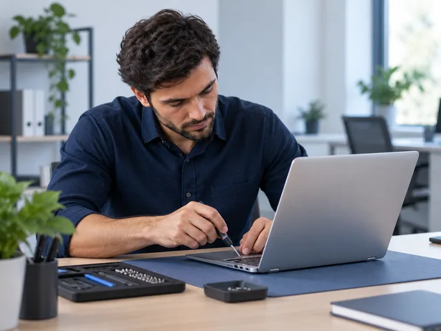 Técnico realizando manutenção em um notebook no escritório